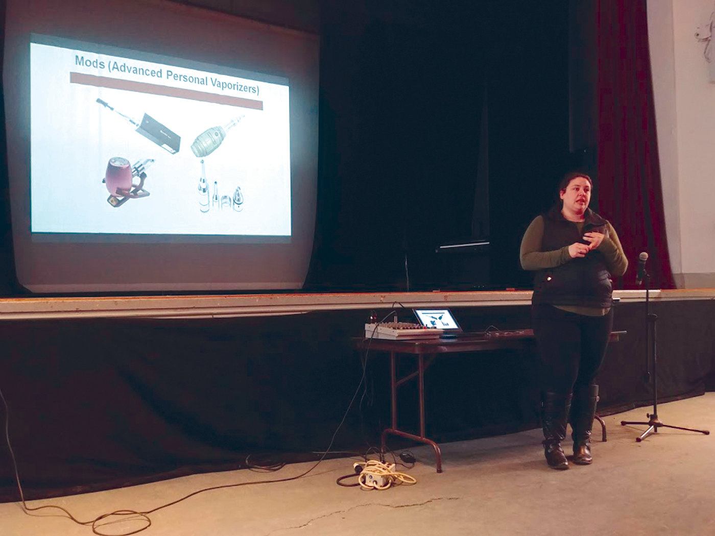 LEARNING THE LINGO: Katelyn Bianco from the Cranston Substance Abuse Task Force helped to educate the students at each of the middle schools about the dangers of vaping and the serious effects of the chemicals contained in e-cigarette pods.